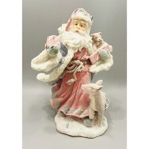 Vintage Flocked Woodland Santa Figurine 8” Toy Bag Frosted Three Hands Corp